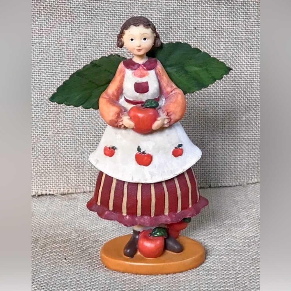 Apple Fairy w Plastic Leaf Wings Resin Figurine Farmhouse Twee Rustic Cottage